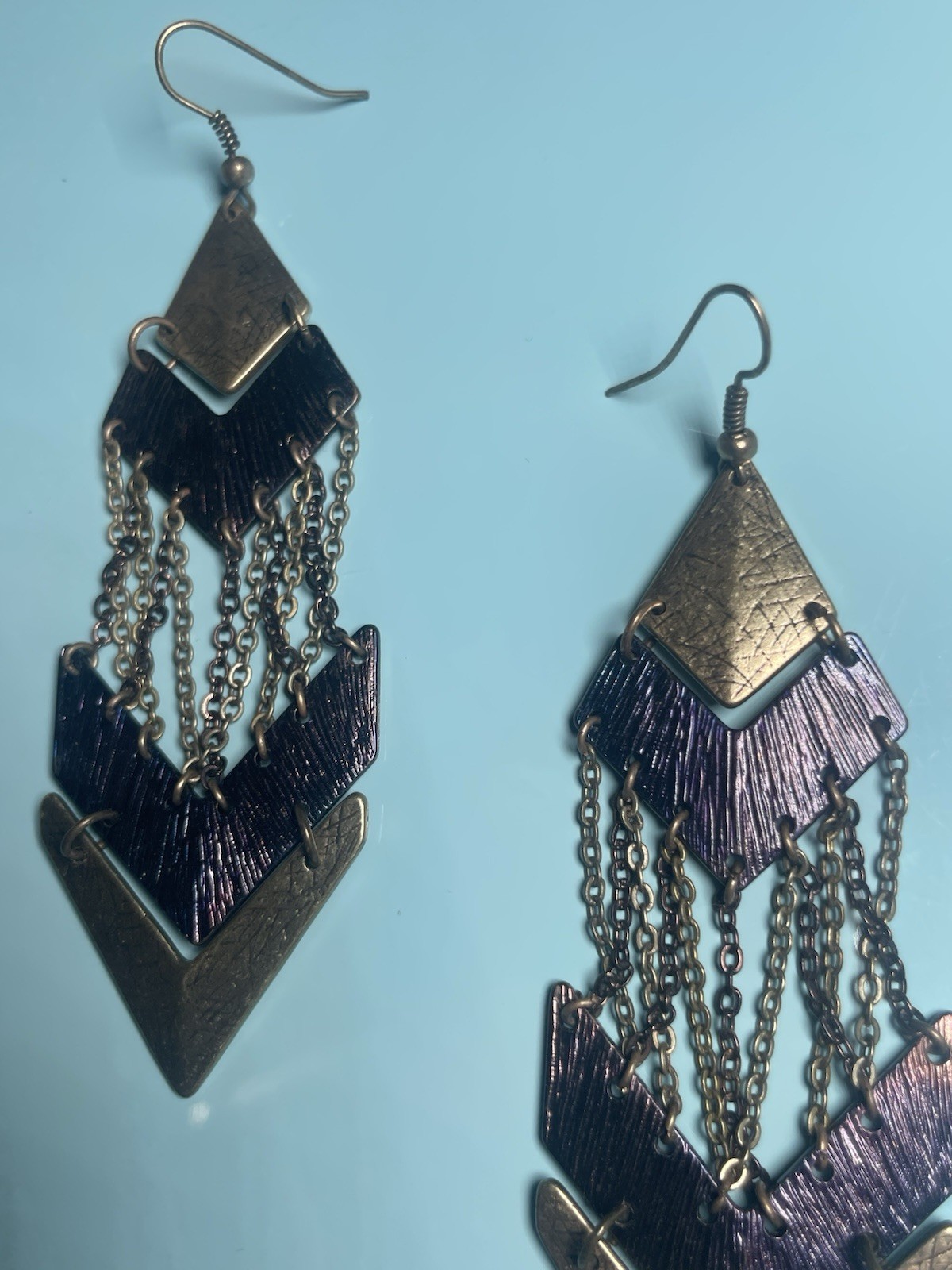 Vintage Geometric Chandelier Dangle Earrings Bronze Tone Layered Chevron Chain