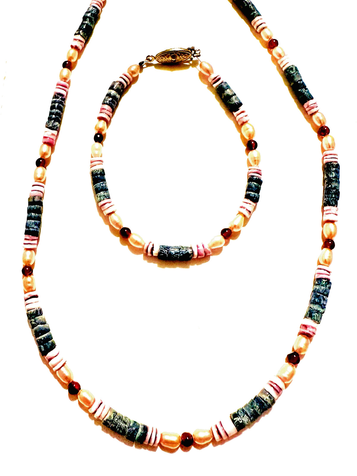 Genuine Freshwater Pearl Heishi Bead Necklace & Bracelet Set 18.5” 8.25” Boho