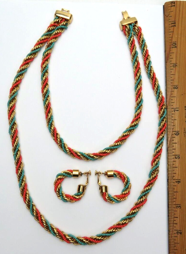 VTG 1950s 60s DOUBLE STRAND EGYPTIAN REVIVAL RUNWAY NECKLACE & EARRINGS GOLDEN