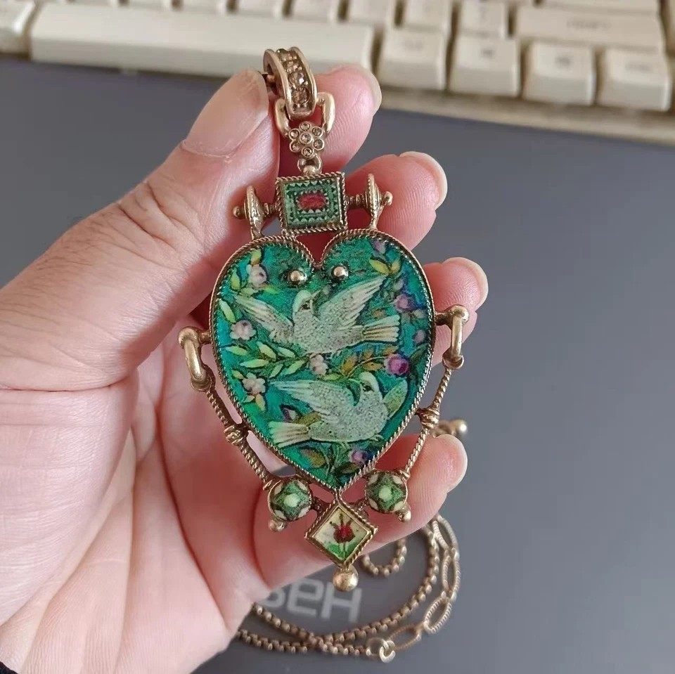 Vintage European Heart Enamel Necklace Charm Dove Inlay Retro Pendant Jewelry