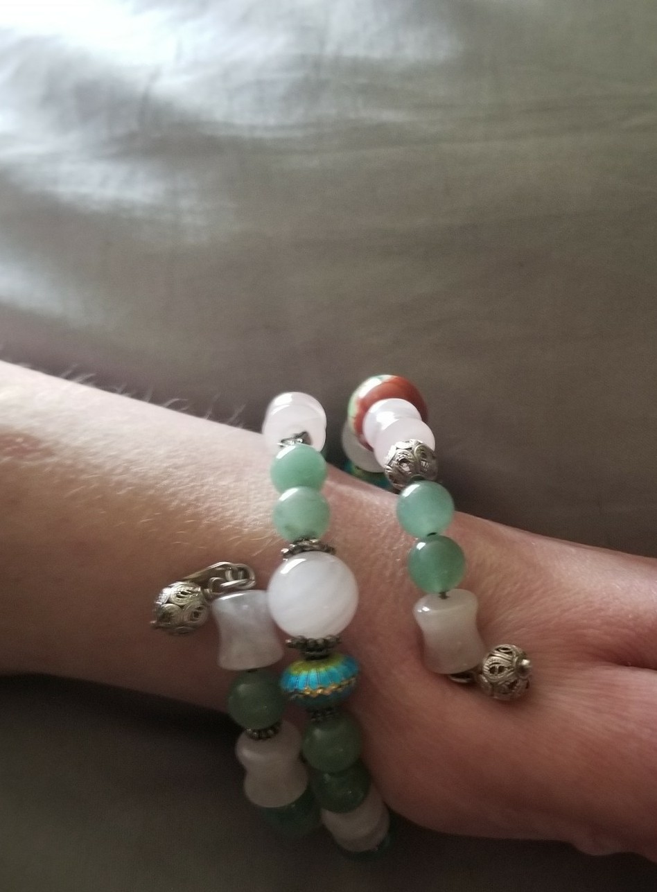 vintage wrap bracelet sterling silver green and lavender jadeite cloisonne beads