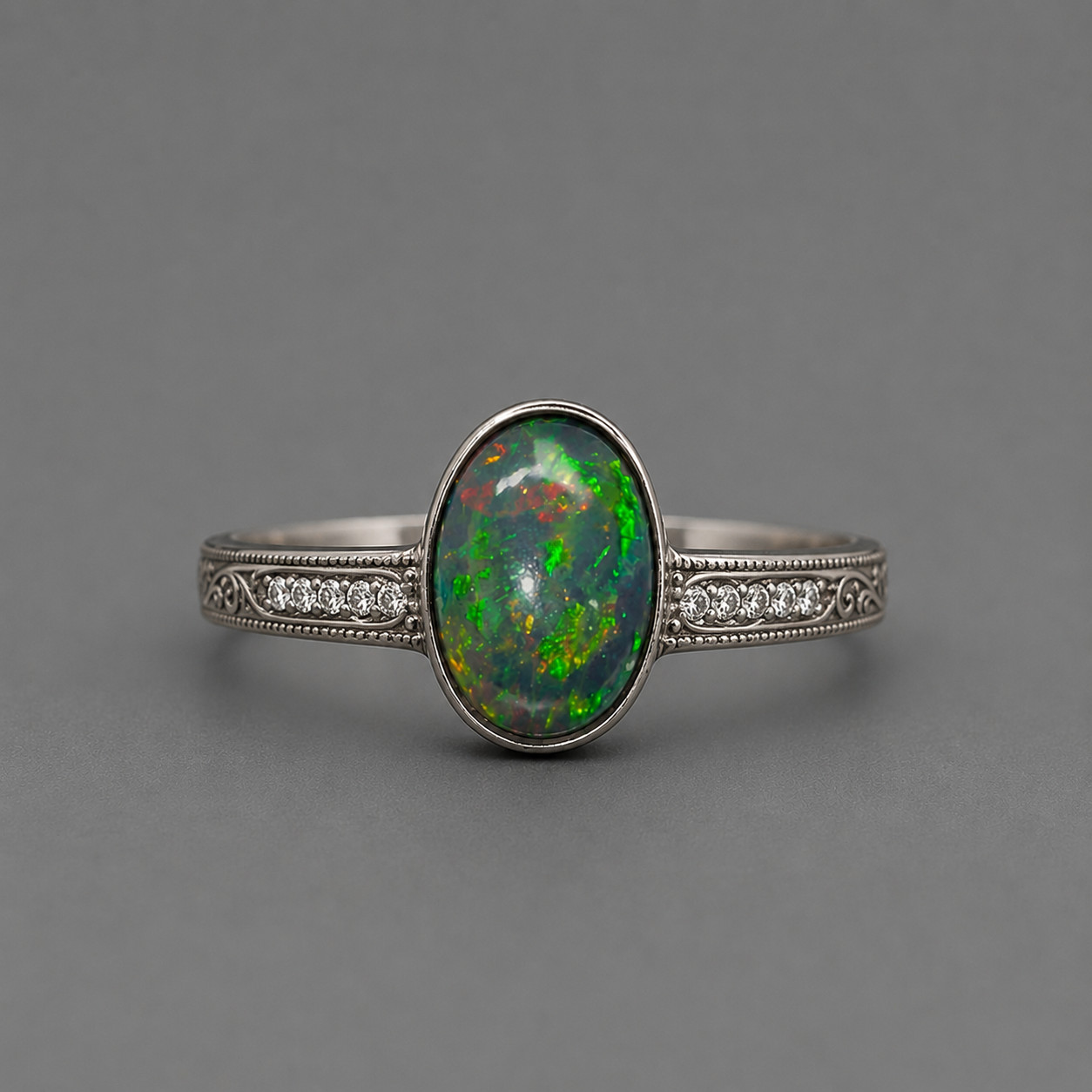 Natural Ethiopian Black Opal Ring 6×8 mm 925 Sterling Silver Vintage Oval Cab