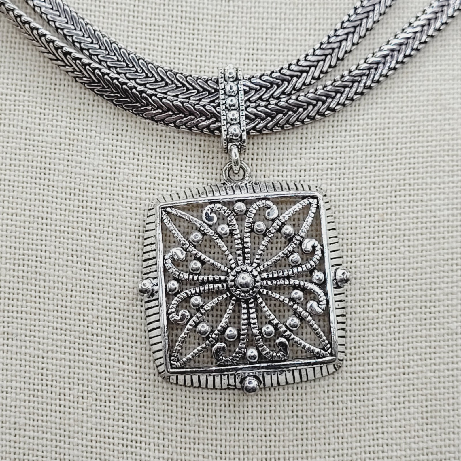 Napier Two Chain with Square Floral Filigree Ornate Silver Tone Pendant Necklace