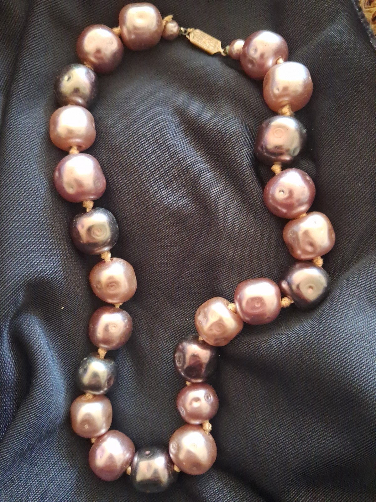 Vintage Glass Baroque Metallic Pearl Choker Hand Knotted 15″