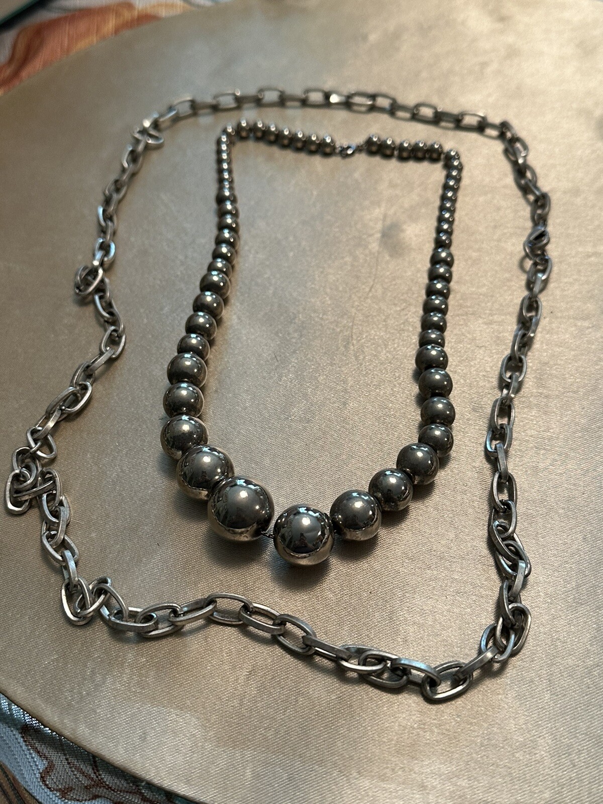 2 VTG SILVER TONE METAL NECKLACES -1 16” Beaded & 1 30”Link – COSTUME JEWELRY
