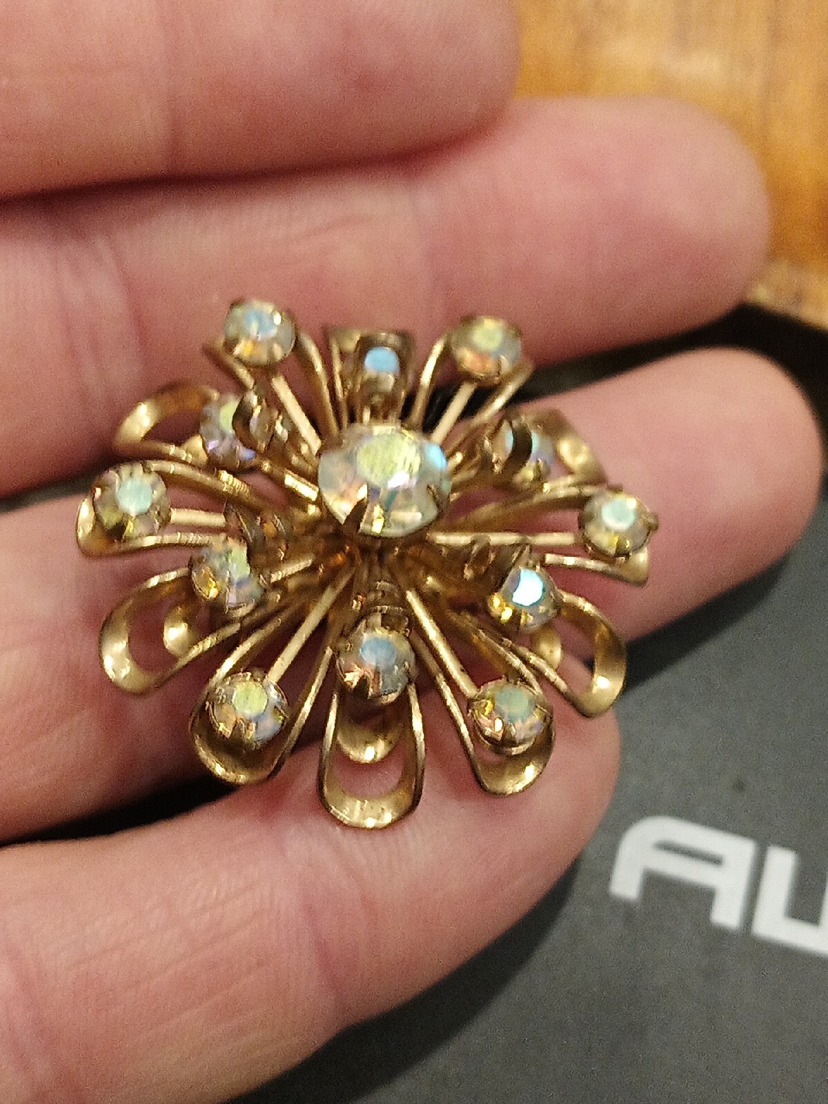Vintage Opalescent Iridescent Rhinestones Gold Toned Brooch