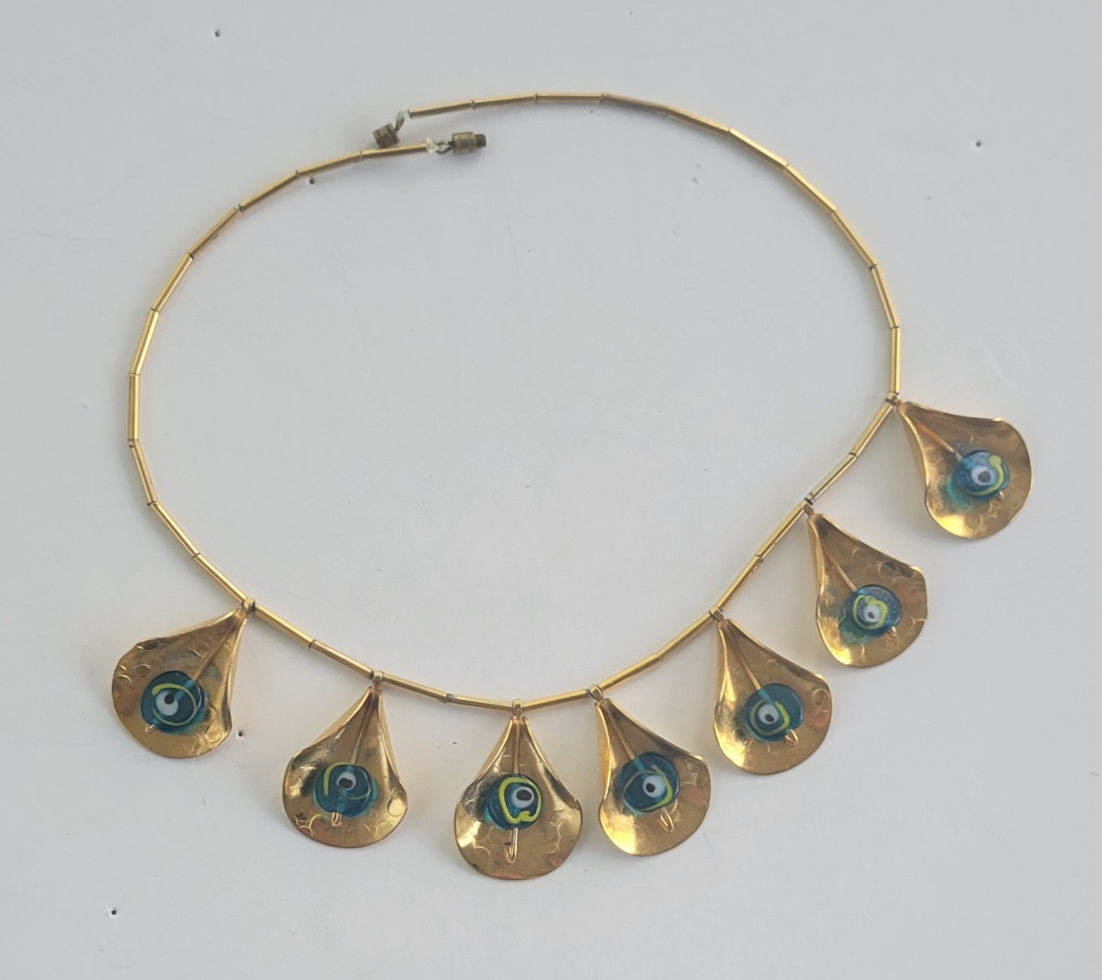 Vintage Necklace Leaf Shaped Pendants with Peacock / Evil Eye Bead