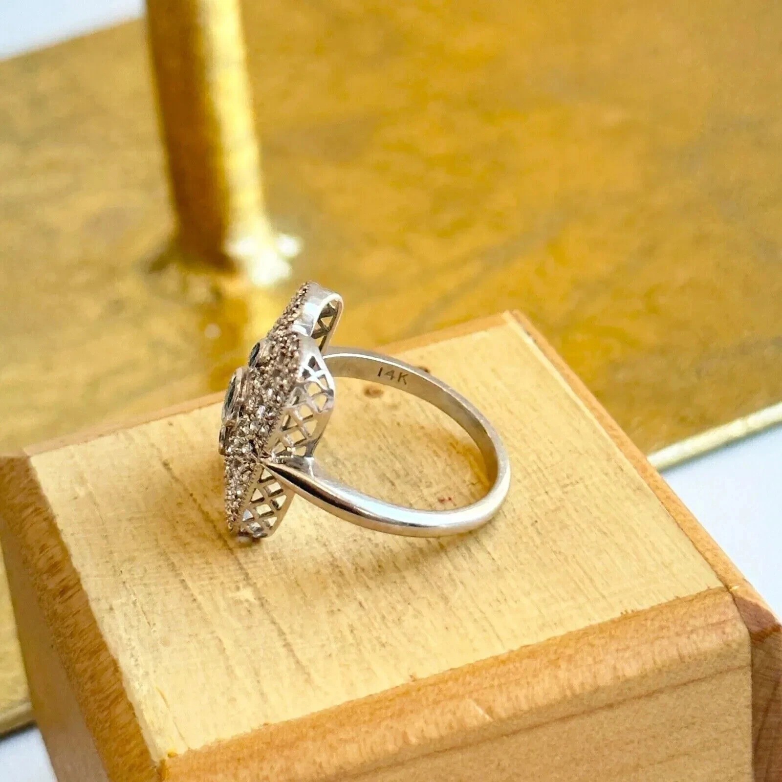 Art Deco Style Filigree Lab Created Sapphire Wedding 14K White Gold Finish Ring