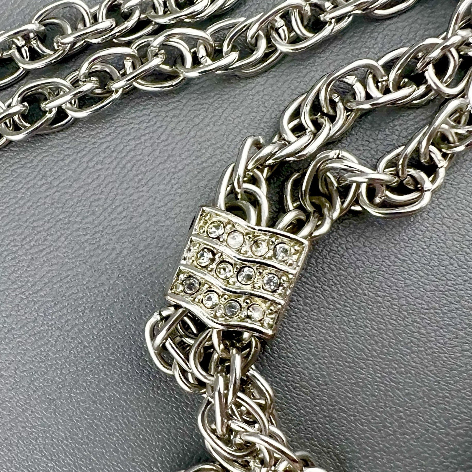 Vintage Tassel Necklace Rhinestone Bolo Style Silver Tone Chain 26”