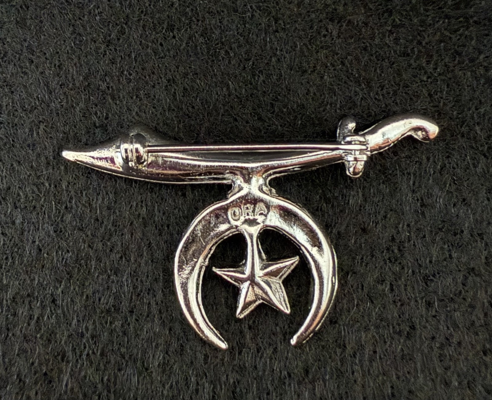 Vintage Silver Tone Masonic Scimitar Sword Cresent Star Clear Rhinestone Brooch