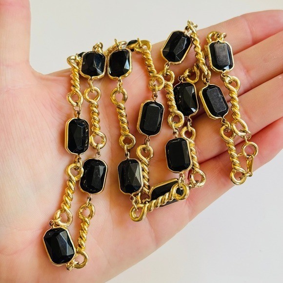 VTG Regal gold link necklace black open bezel Chicklet statement runway 90s 30″