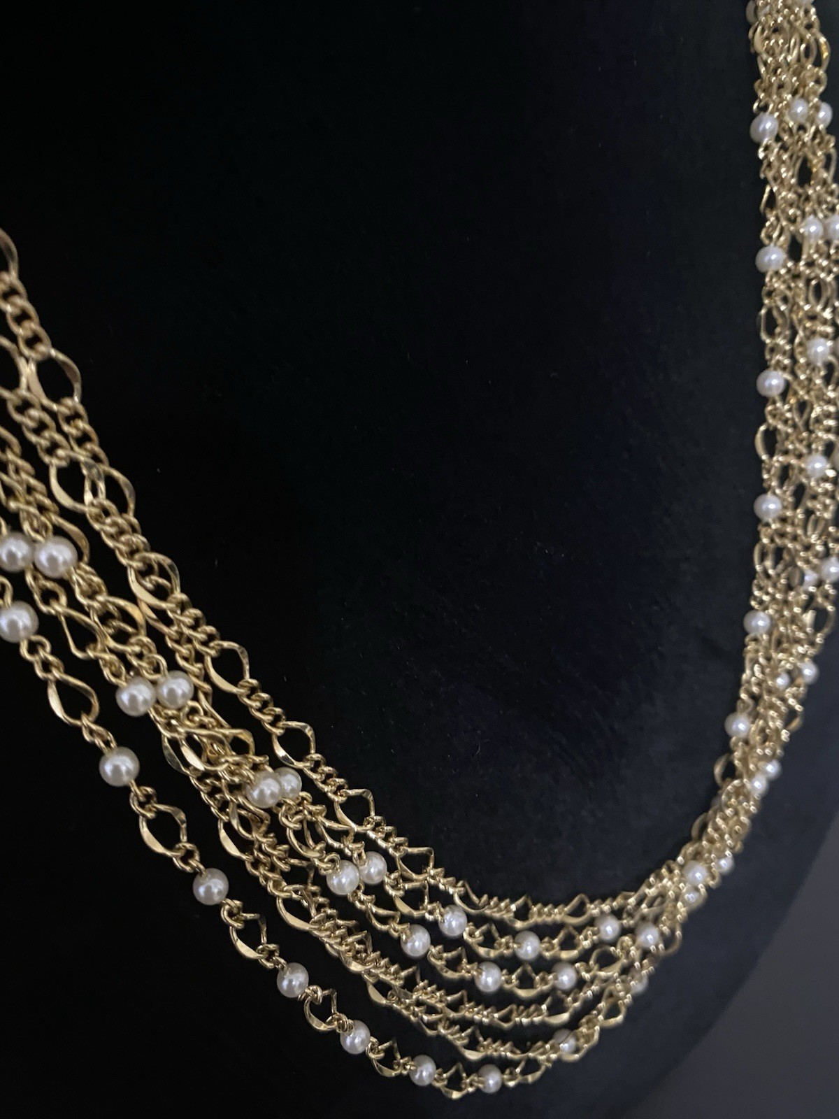 Multiple Gold tone link chain & Faux Pearl Strand Necklace 24 “