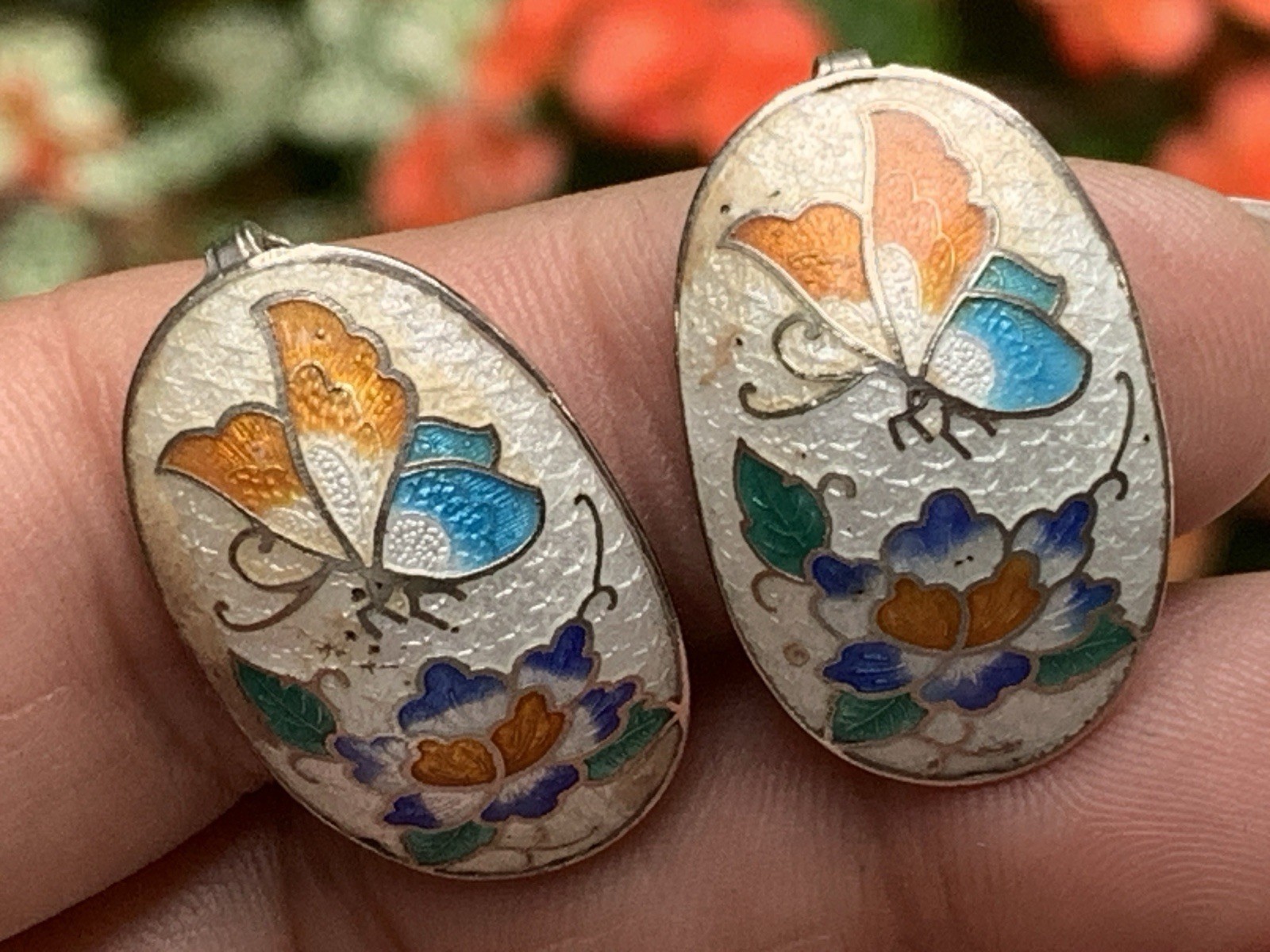 Vintage Cloisonne Enamel Butterfly Clip Earrings Oval Silver Tone Repaired