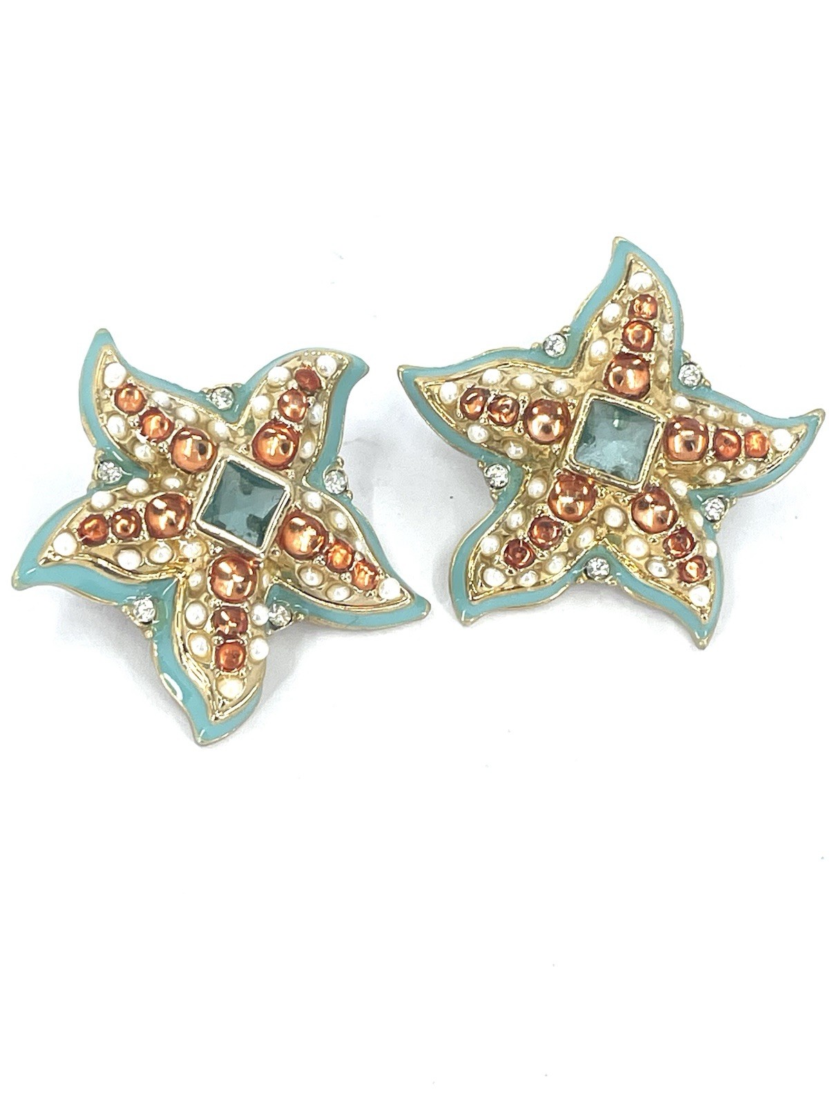 Kenneth Jay Lane KJL turquoise enamel STARFISH gold tone Pierced Earrings