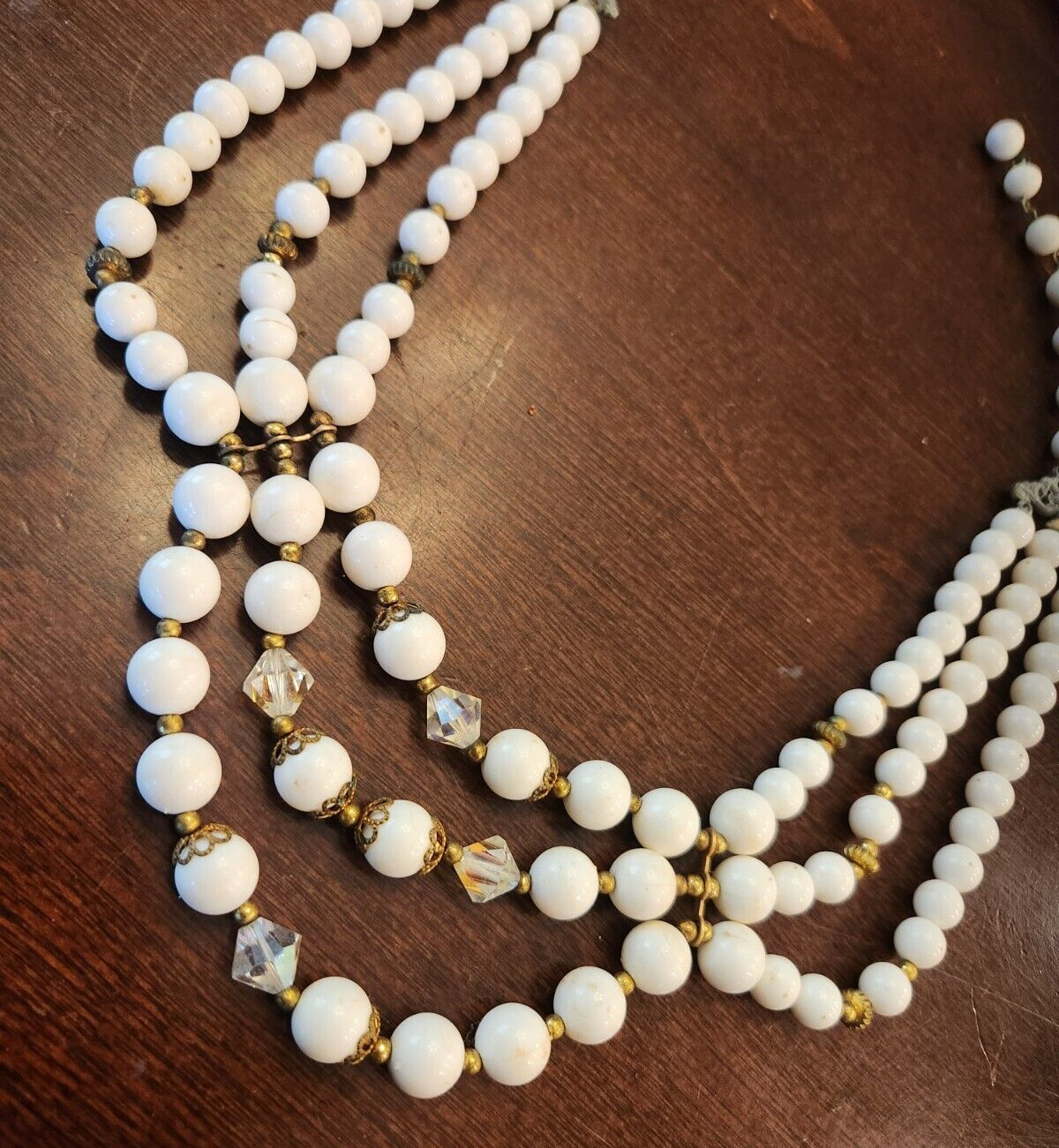 Vintage Triple Strand Iridescent Crystals White Acrylic Choker Beads Necklace