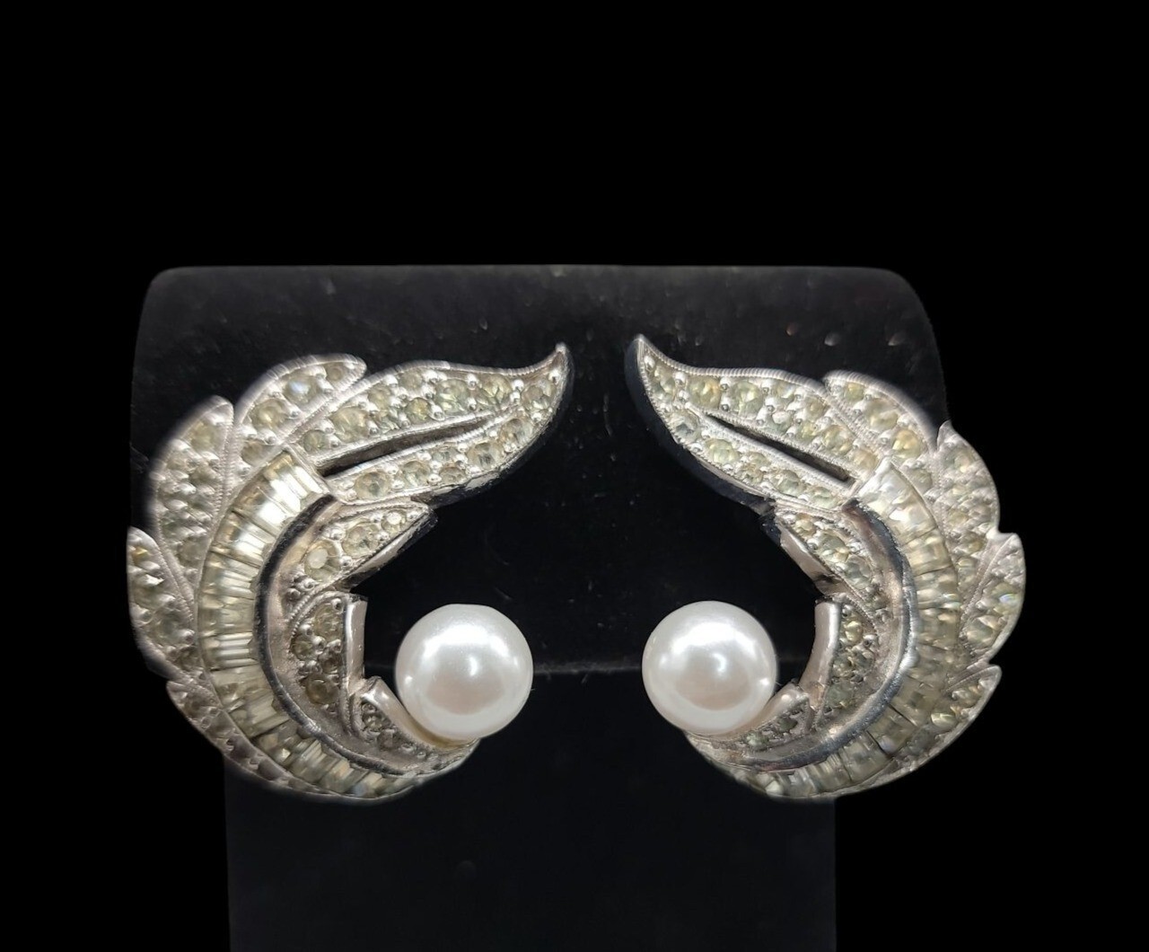 Jomaz Rhinestone Paved Winged Clip On Earrings Faux Pearl Accent Vintage Patent
