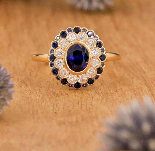 Art Deco Style Oval Cut Sapphire &Lab Created Diamond14K Gold FN Engagement Ring
