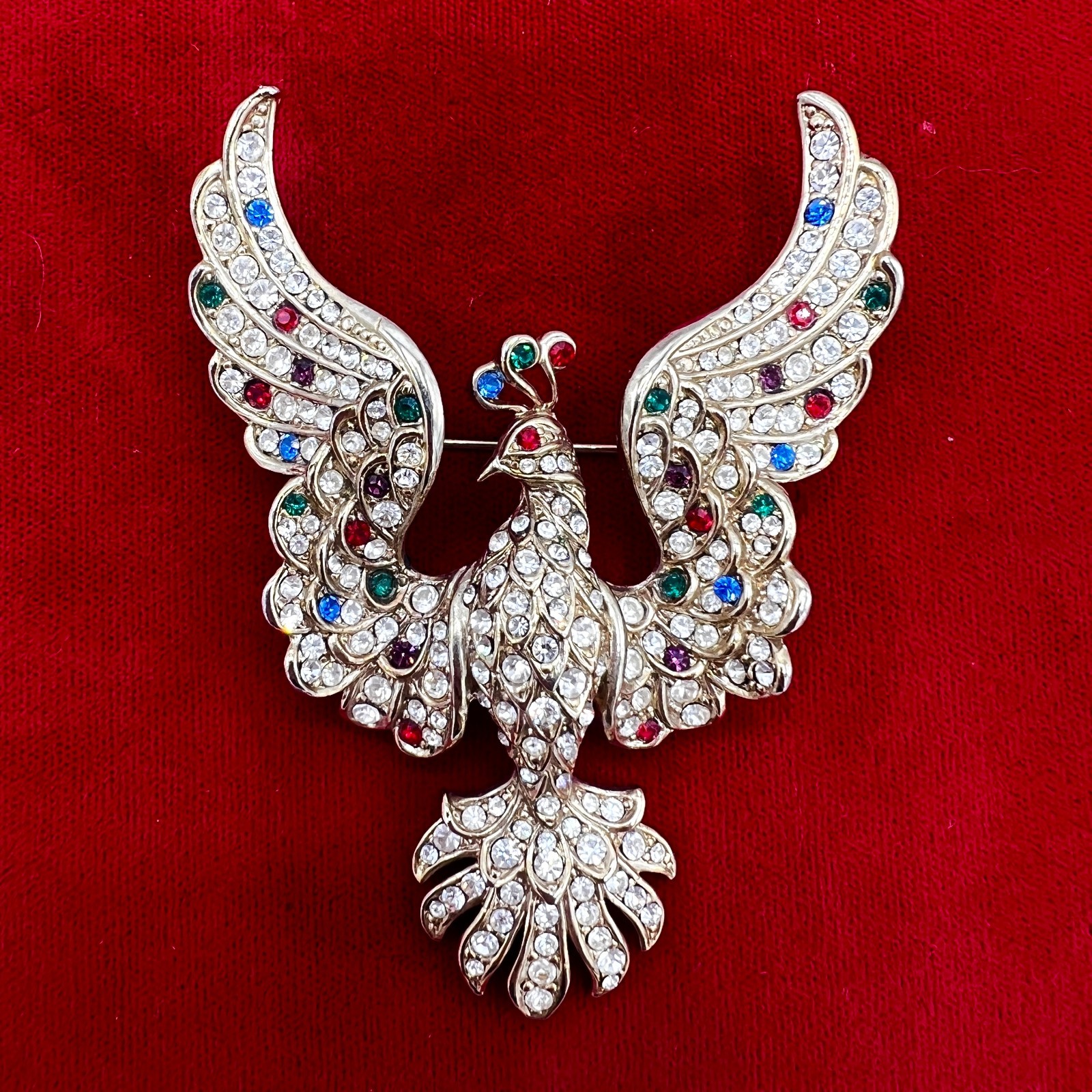 Magnificent Vintage Rhinestone Fantasy Bird Brooch – Jeweled Peacock Phoenix Pin