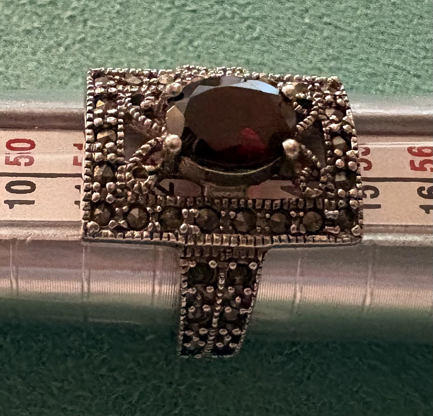 Sterling Silver Art Deco Garnet & Marcasite Filigree Ring Size 7