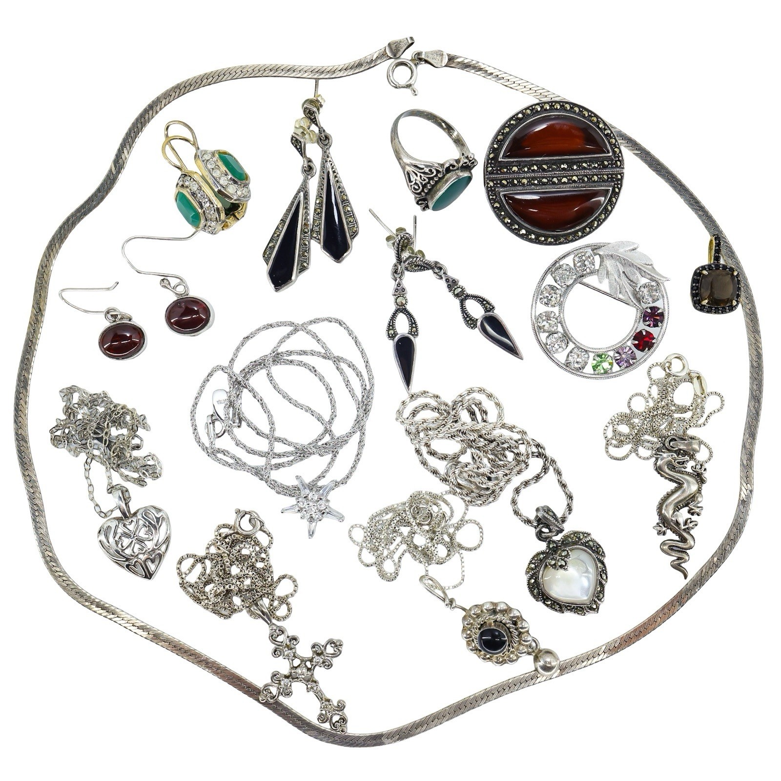 Lot 15pc WEARABLE Sterling Silver Jewelry Necklaces Earrings Art Deco Etc