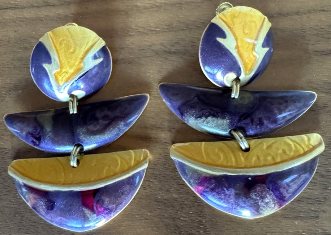Edgar Berebi Enamel Dangle Earrings – Sculptural Modernist Gold Tone Vintage