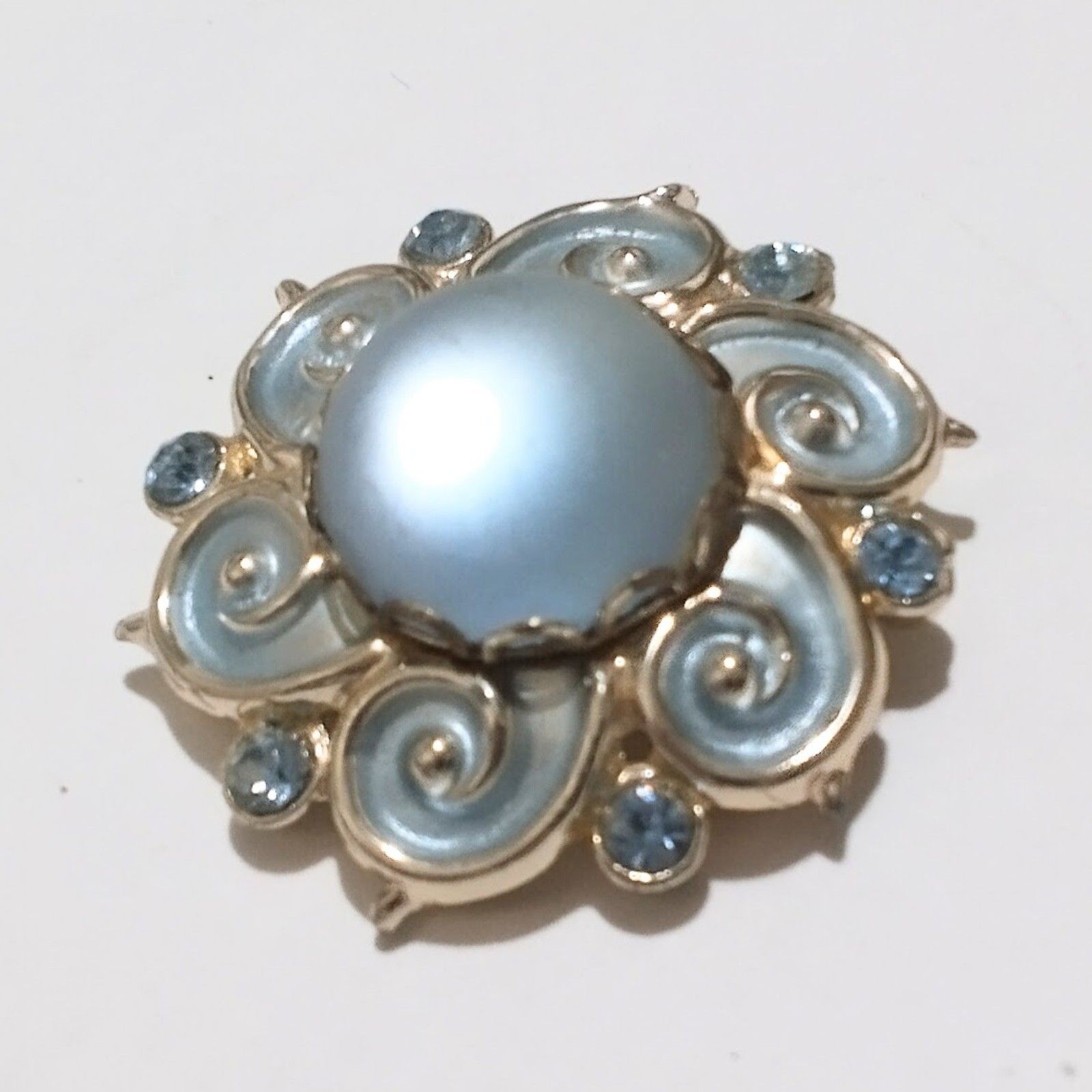 Vintage Blue Enamel Cabochon Rhinestone Gold Tone Brooch Pin
