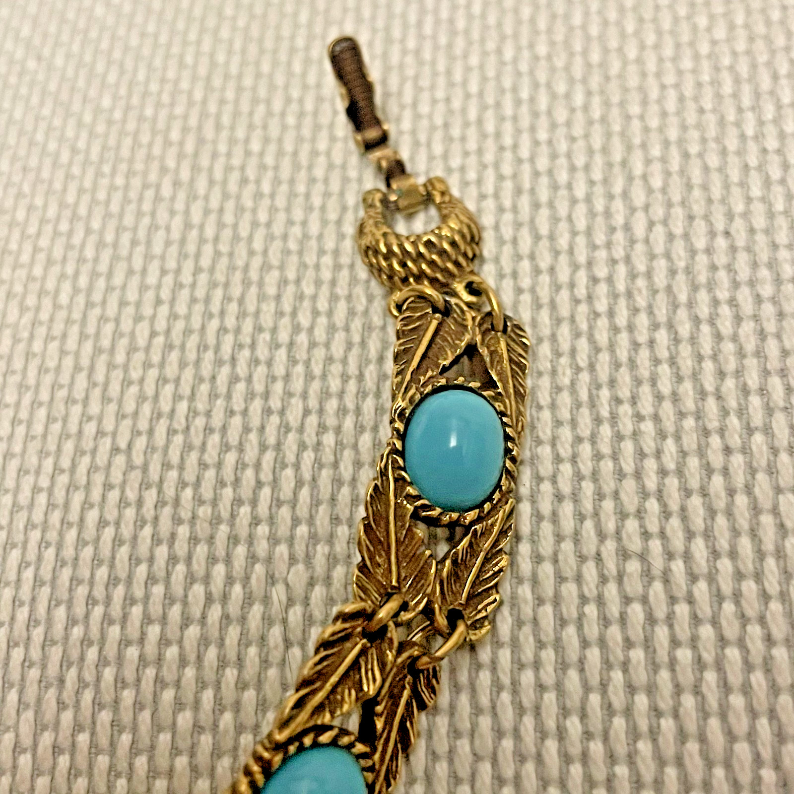 Vintage Goldette N.Y. Gold Tone Art Nouveau Bracelet w Faux Turquoise Cabochons