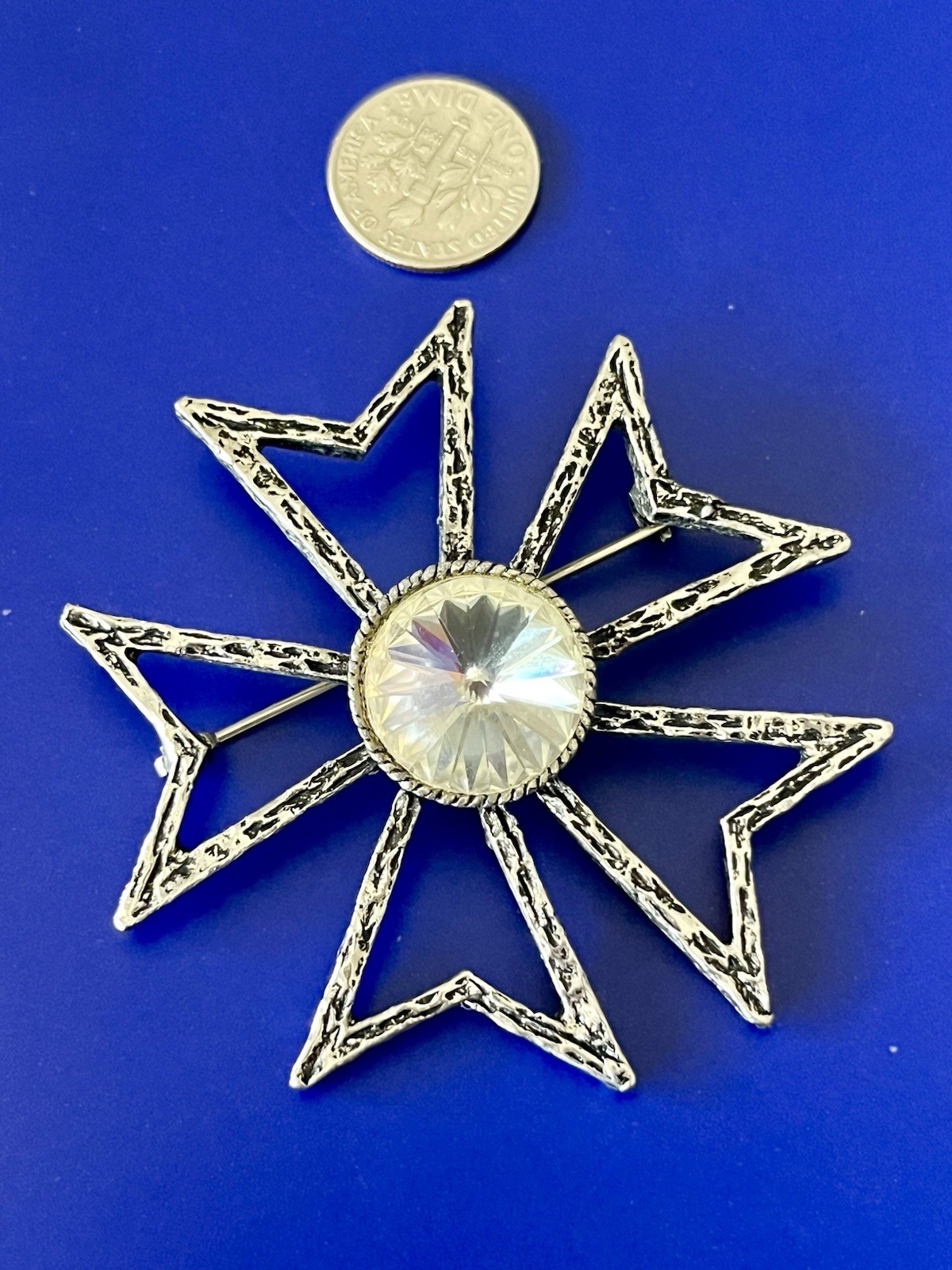 Vintage Edlee Maltese Cross Brooch silver Stones Layered Design Signed