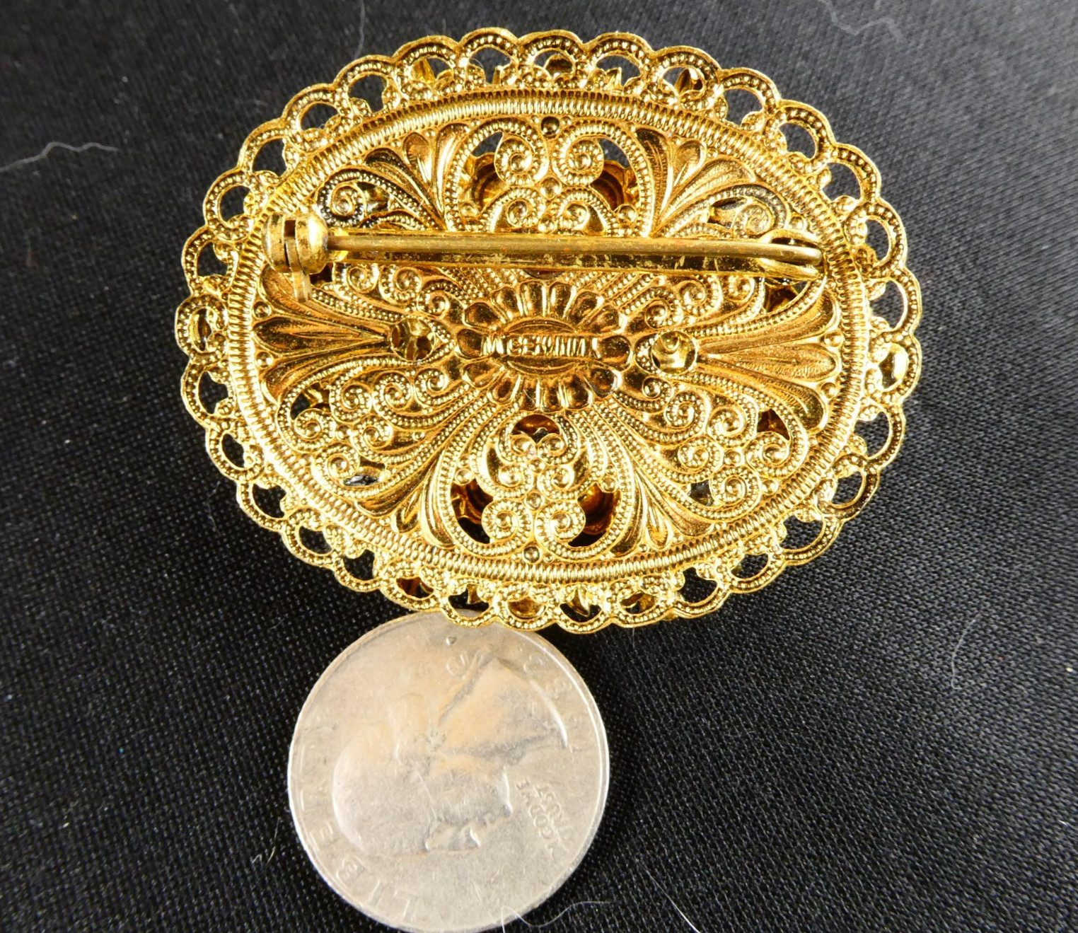 Vintage West Germany Opaline Pink Glass & Rhinestone Filigree Pin Brooch Oval