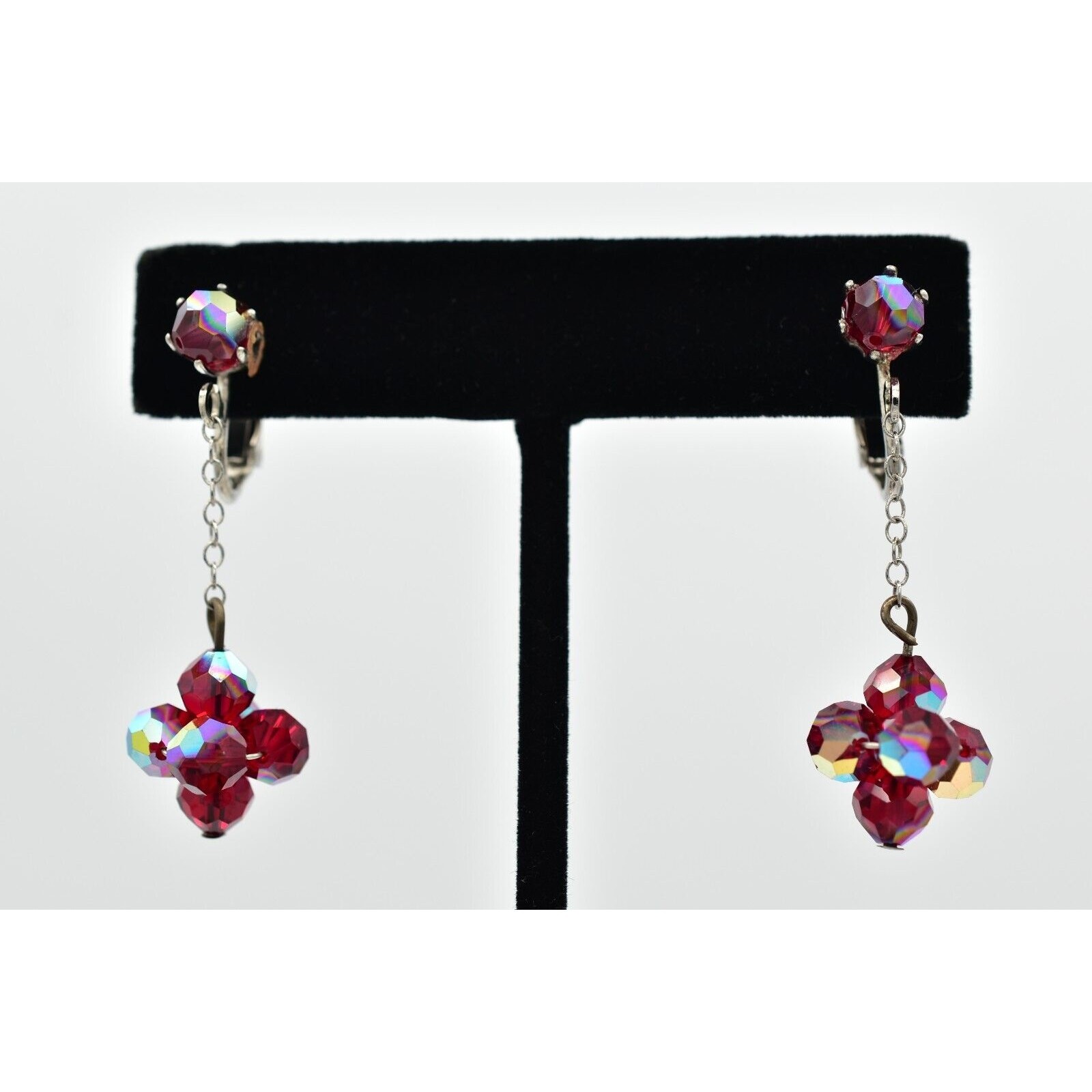 Vintage Red AB Crystal Clip On Earrings Dangle Drop Aurora Borealis 1950s A24