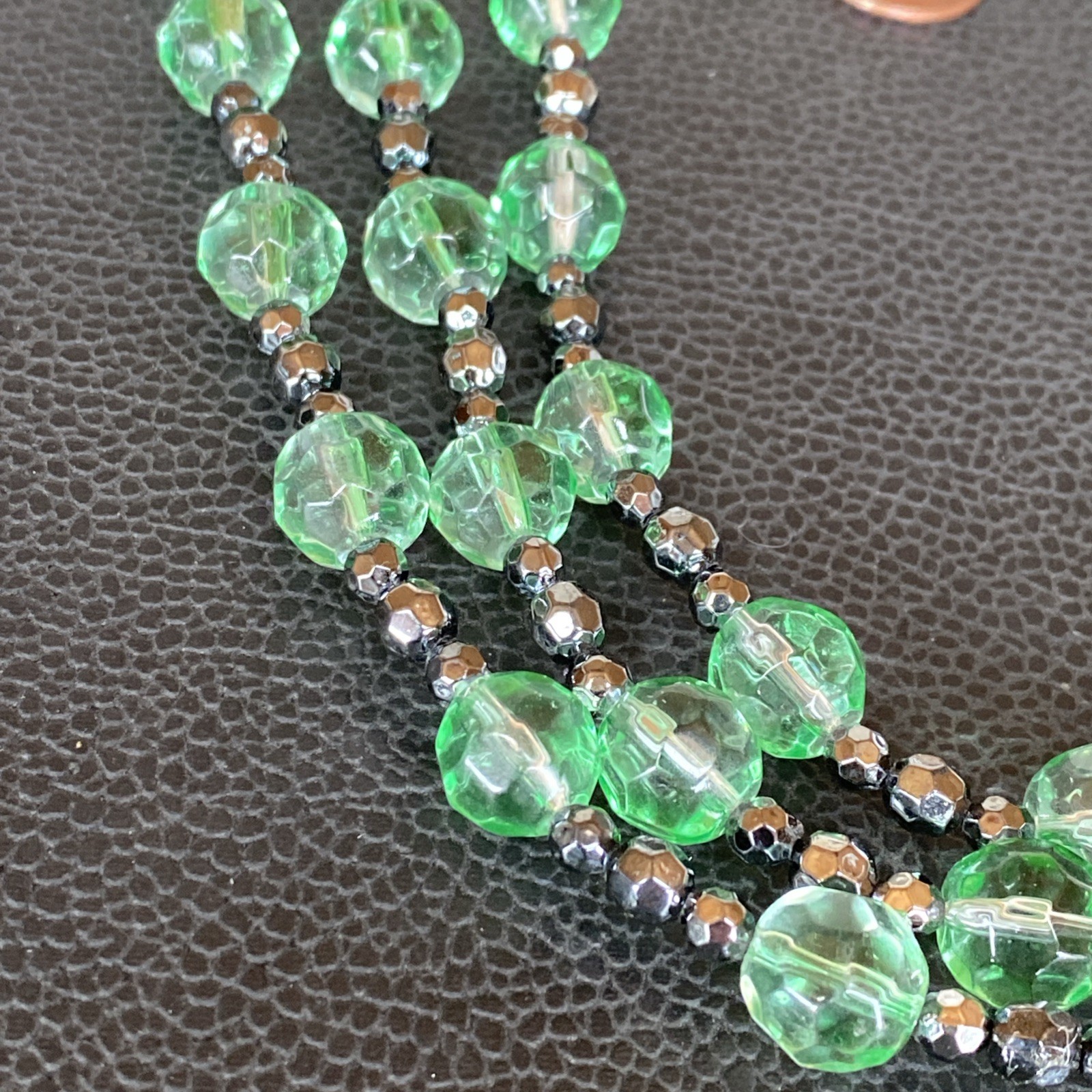 Vintage Green Glass Faceted 3 Strand Necklace w/ Matching Pair Drop Earrings Set