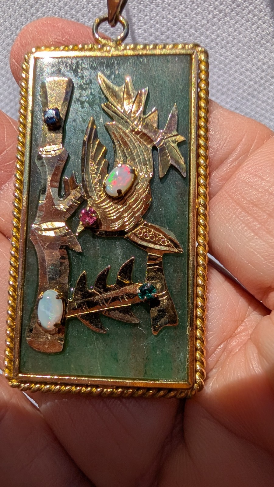 Vintage ornate jade, opal & multi colored stone Chinese bird & bamboo necklace