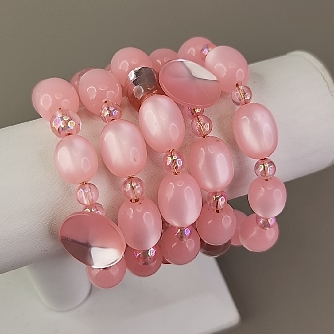 Vintage Moonglow Wrap Beaded Bracelet Pink Oval Memory Wire Acrylic