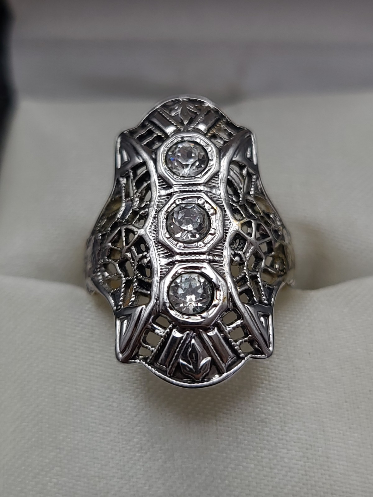 Vintage 14KT GE Art Deco Filigree Glass Stone Ring Size 6.5