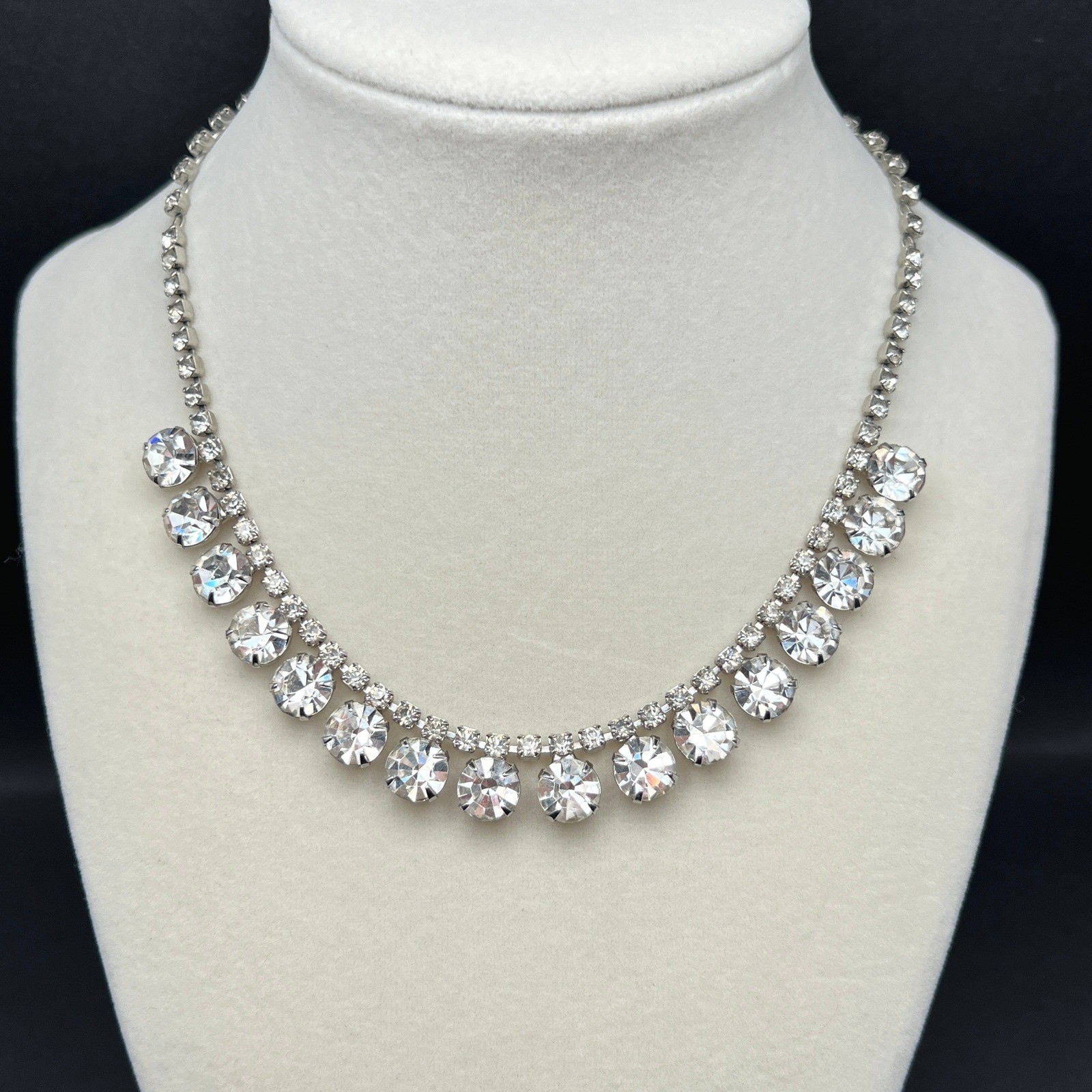 Vintage Rhinestone Necklace Choker Silver Tone Clear 16″ READ
