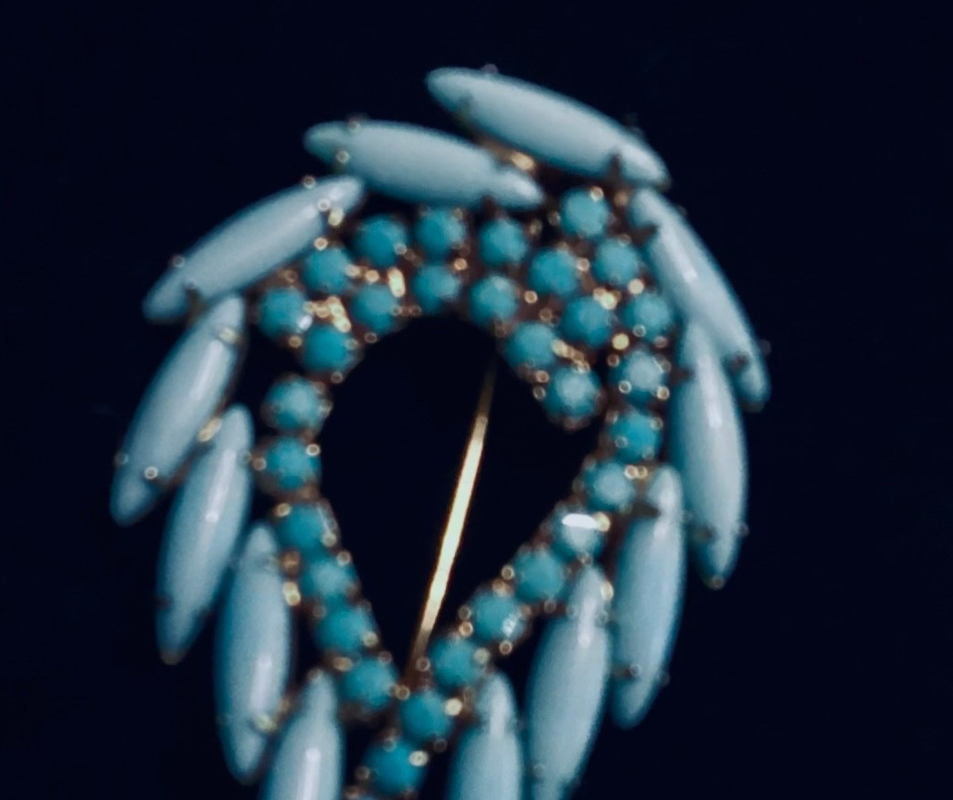 Vintage-Turquoise-Aqua Blue Satin-Rhinestone-Brooch-EXCELLENT-2.75”