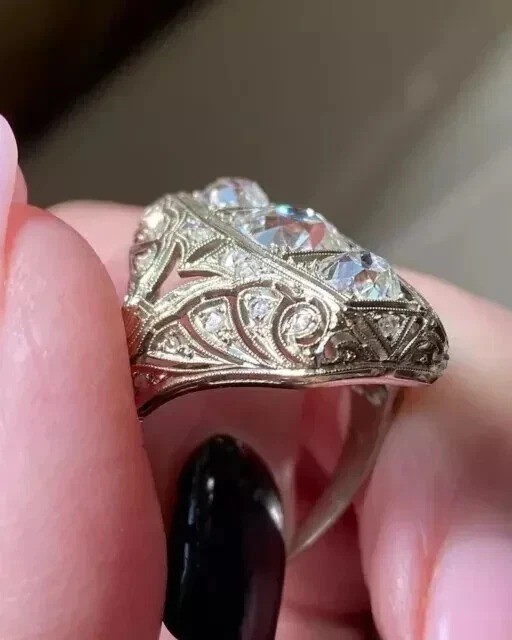 Art Deco Style 3.28Ct Lab Created Diamond 3-Stone Wedding 14K White Gold FN Ring