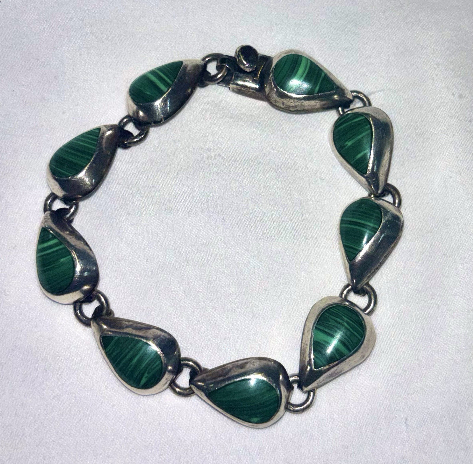 Vintage Mexican Sterling Silver Malachite Bracelet 925 MEXICO 27.48G TW 7″
