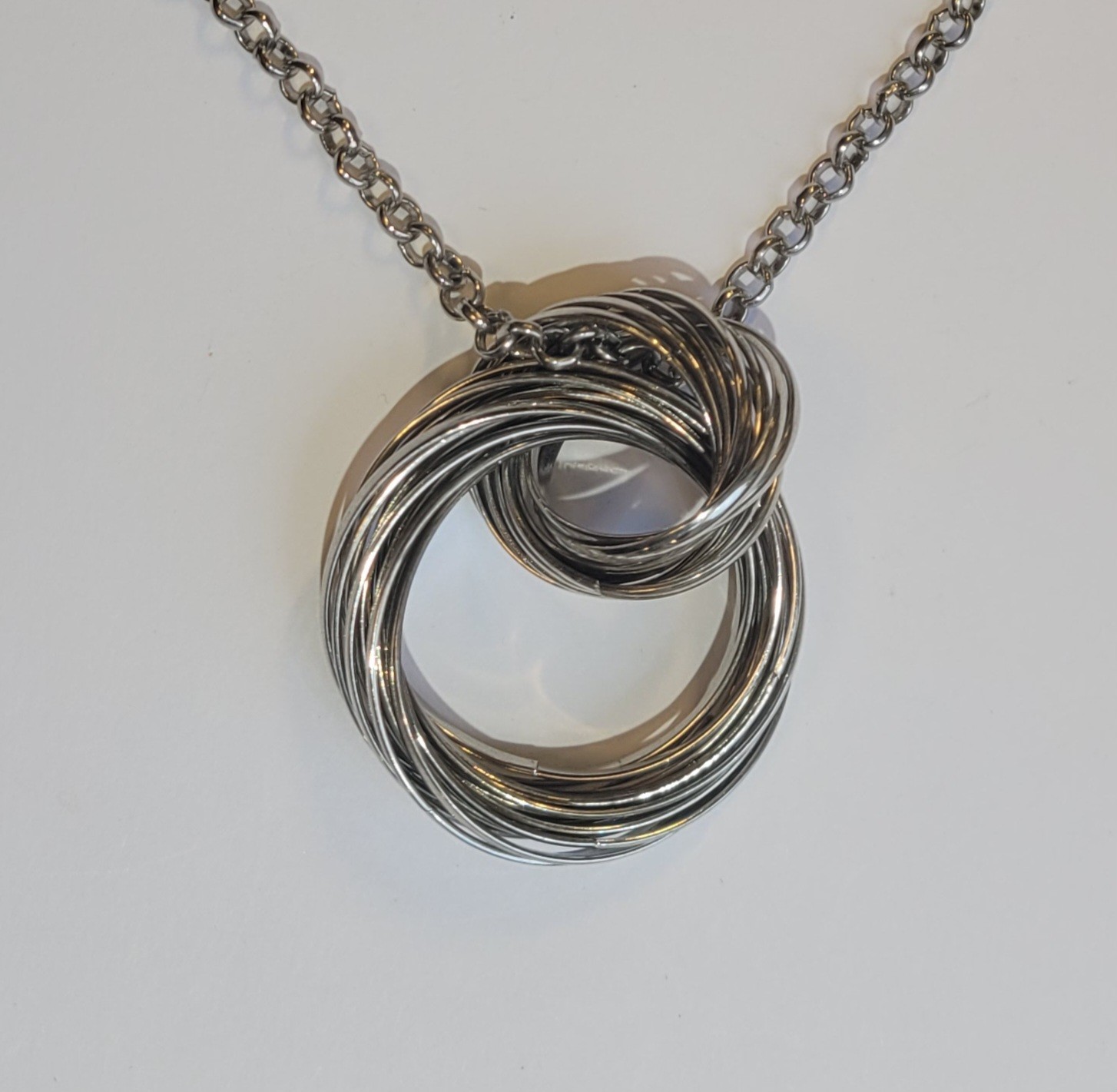 Mid Century Modern Intertwined Multi Ring Stainless Steel Pendant 36in Necklace
