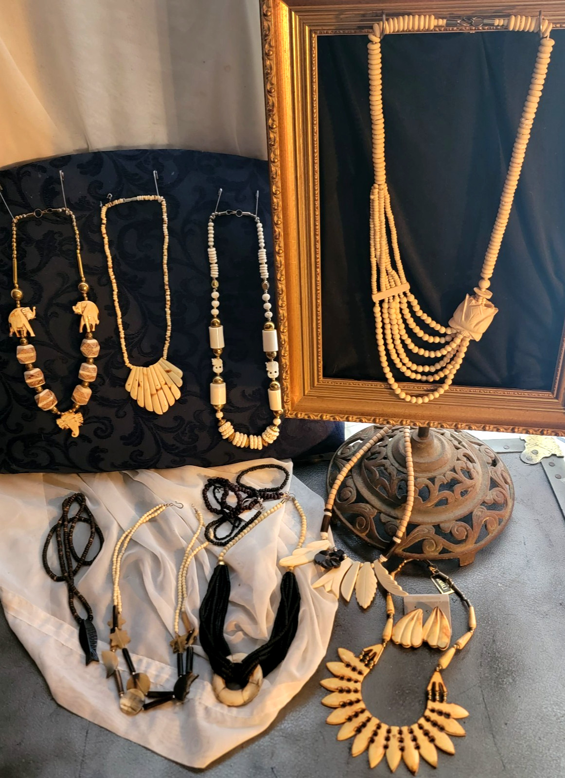 lot of carved bovine bone jewelry vtg or antique Necklace Earrings India organic