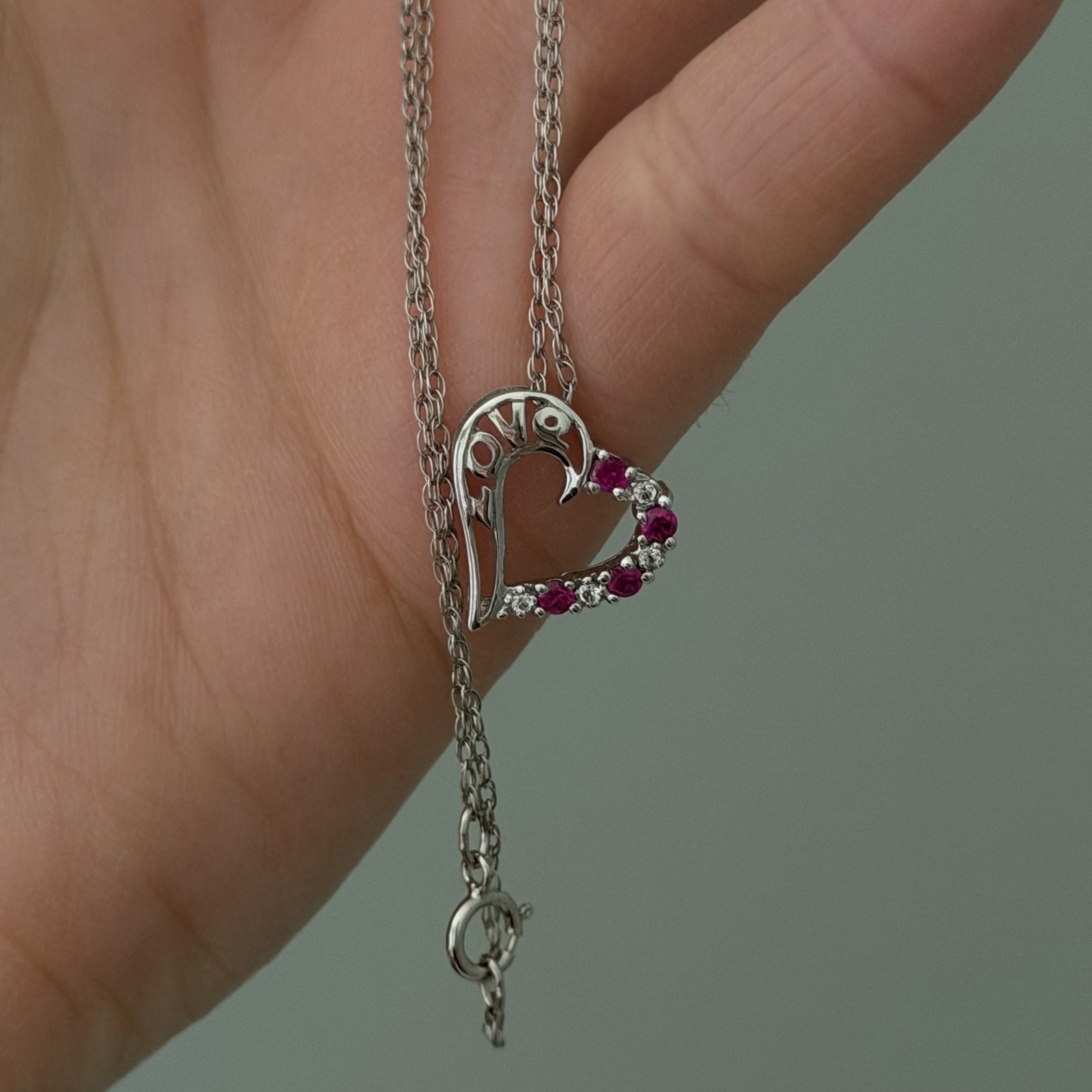 Lenox 925 Sterling Silver Vintage Ruby & CZ Open Heart Love Dainty Necklace 18″