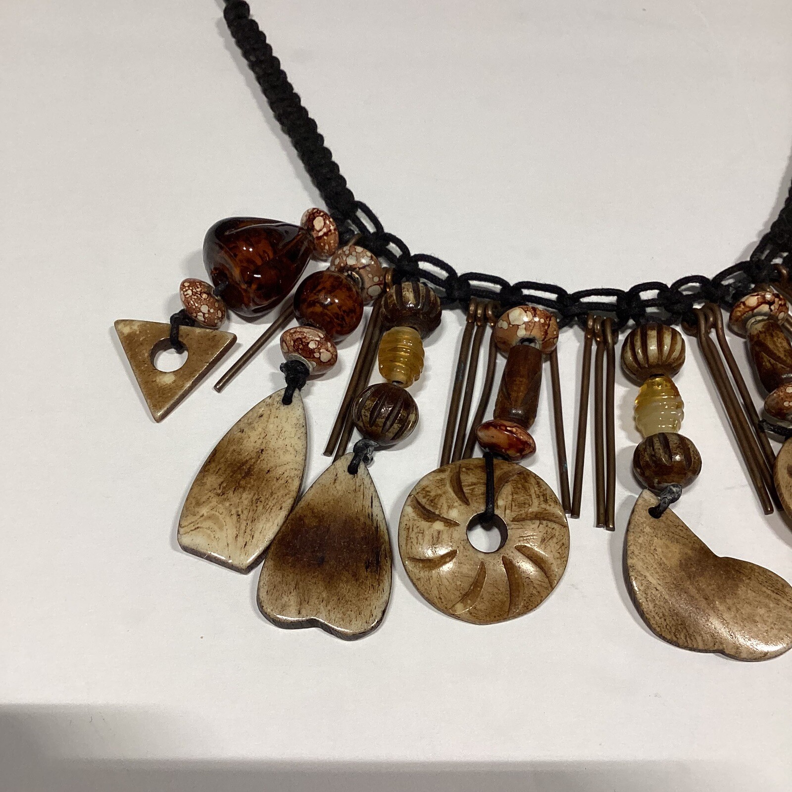 VTG African Rustic Carved Stone Earth Tone Beads Necklace Boho Cottage-core HTF