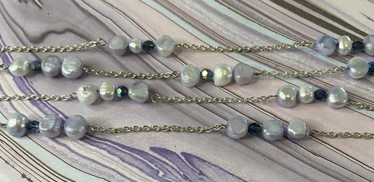 56” Lavender Pearl Silver Tone Chain Necklace With Blue Accent Beads