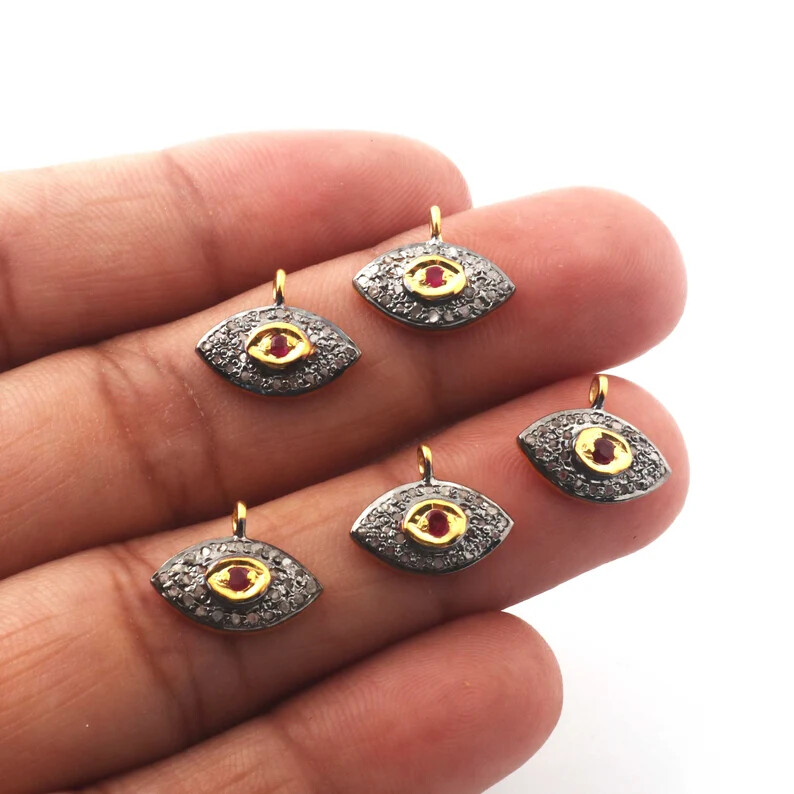 6ct Pave Diamond Evil Eye With Ruby Charm, 925 Sterling Vermeil Single Bail