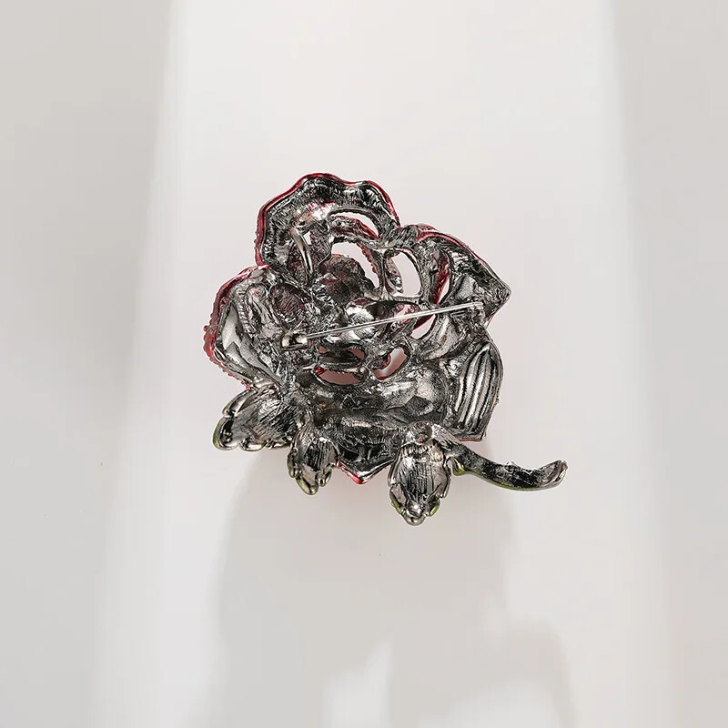 Large Vintage Rose Brooch Red and Blue Dual-color Rhinestone Pin for Women