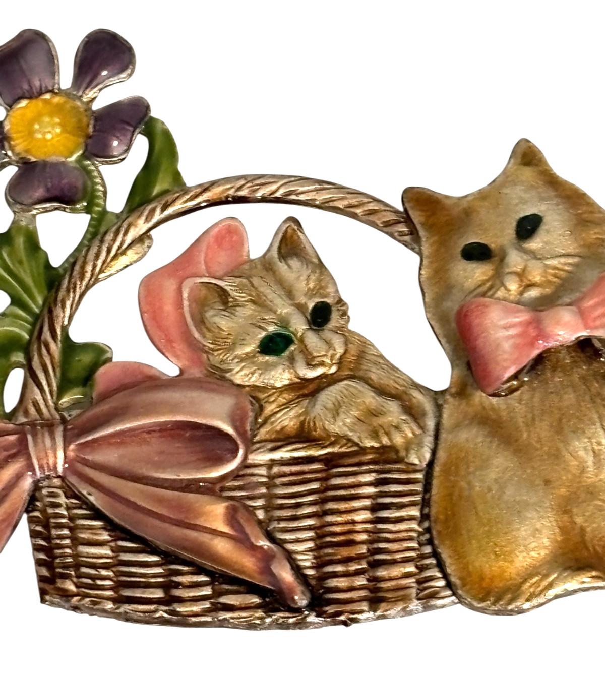 KC Enameled Cat Kitty Pin Brooch Two Kitties Basket Flower