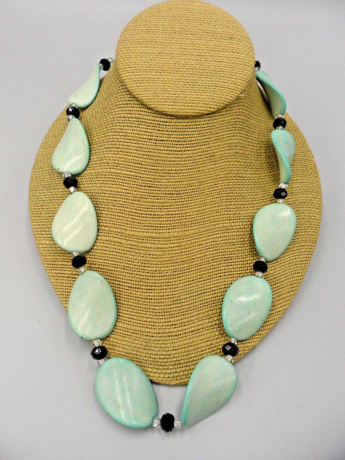 Art Deco Gemstone Collar Necklace Twisted Wavy Turquoise Ovals Glass Beads 22″
