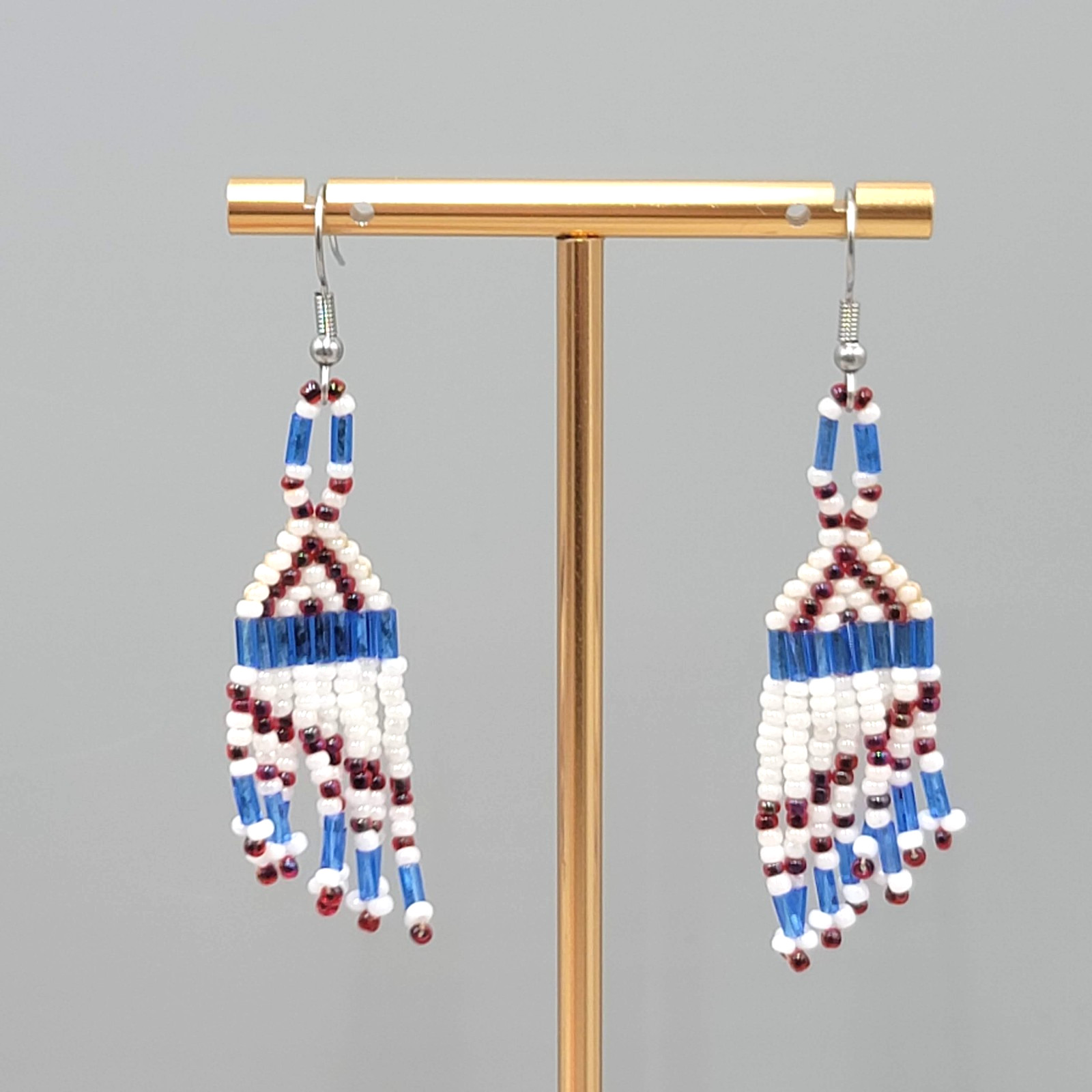 Vintage Red White Blue Beaded Pierced Earrings Silver tone Dangle 2″