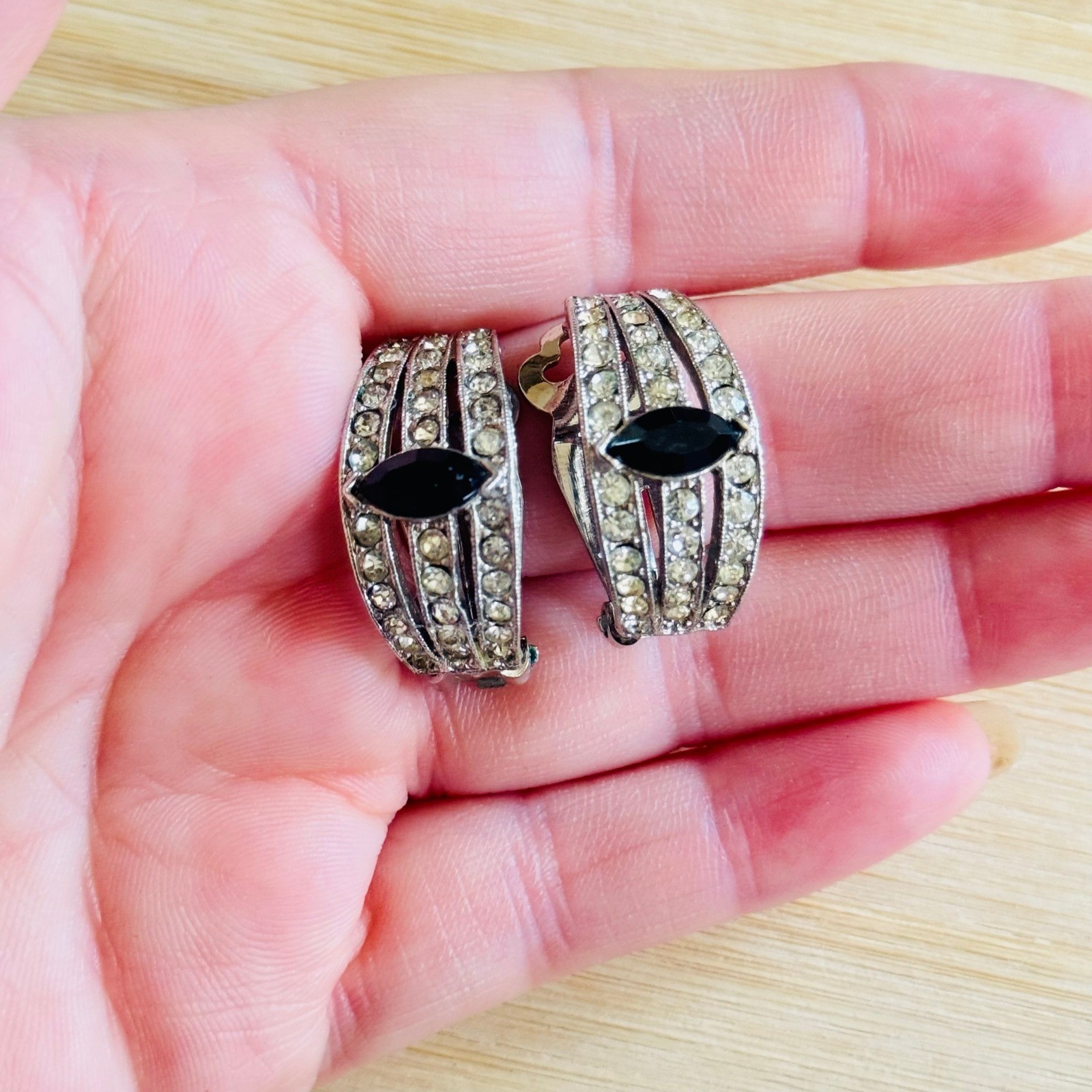 VTG KJL Kenneth Lane Signed Earrings Cuff Clip Silver Tone rhinestone Regal 60s