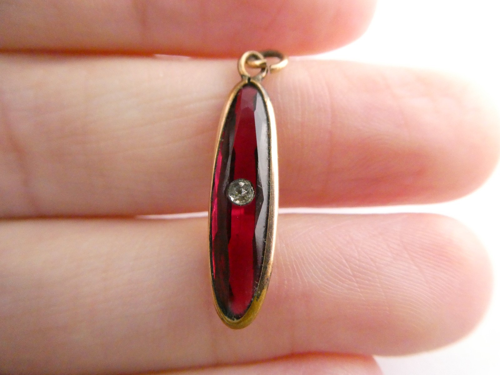 Vintage Gold Fill Bezel Faceted Red Glass with White Rhinestone Pendant Charm